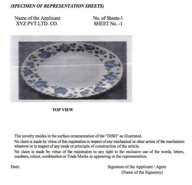 specimen of representation sheet Design Registration in India